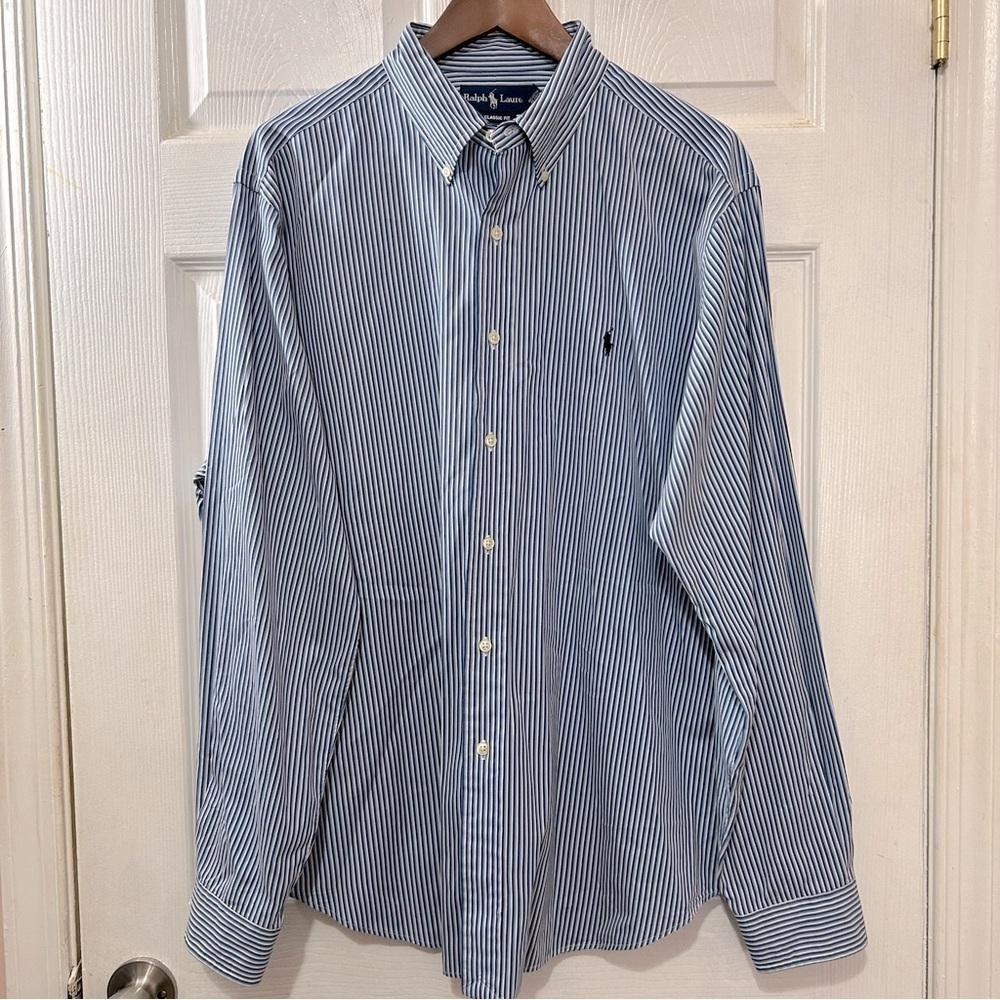 POLO Ralph Lauren Button Down Shirt Men's Classic Fit Blue White Stripe Size XL